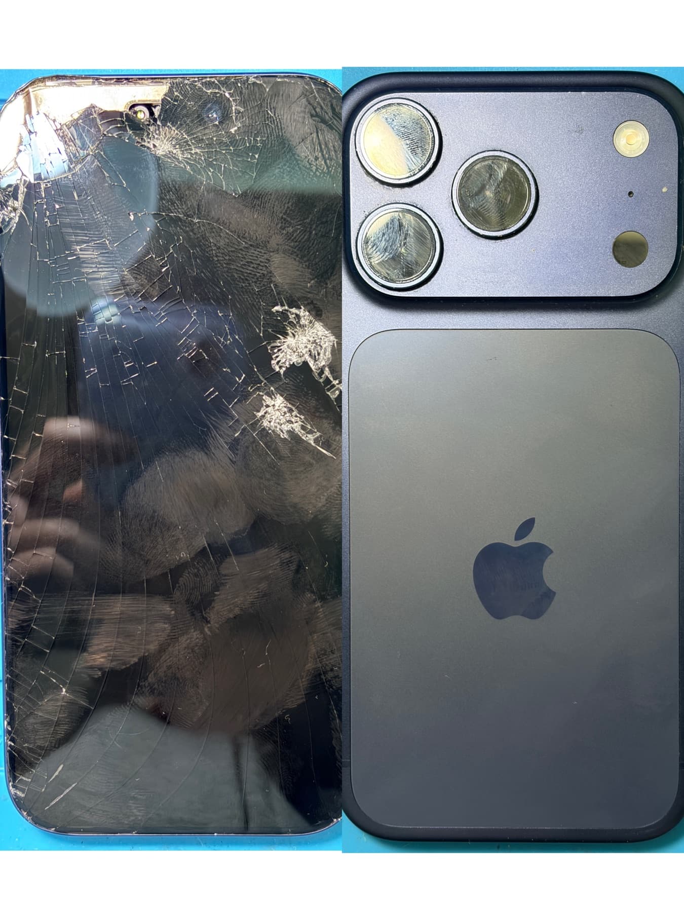 Cracked iPhone 17 Pro front screen and rear view before repair assessment