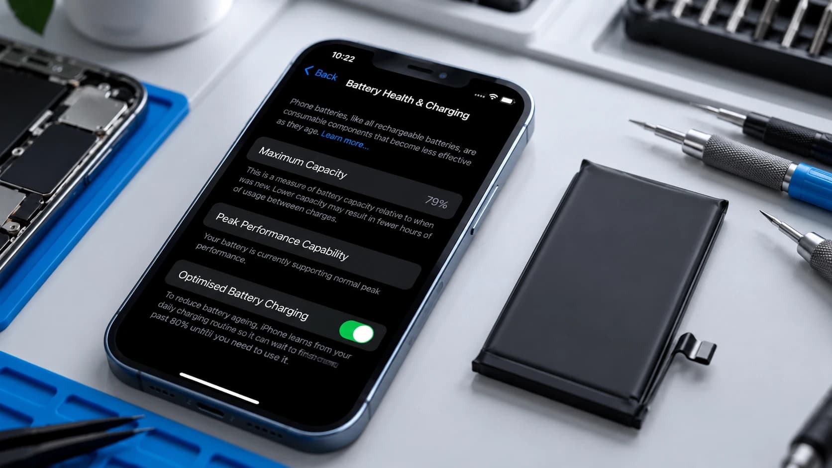 iPhone showing Battery Health beside a replacement battery on a repair workbench
