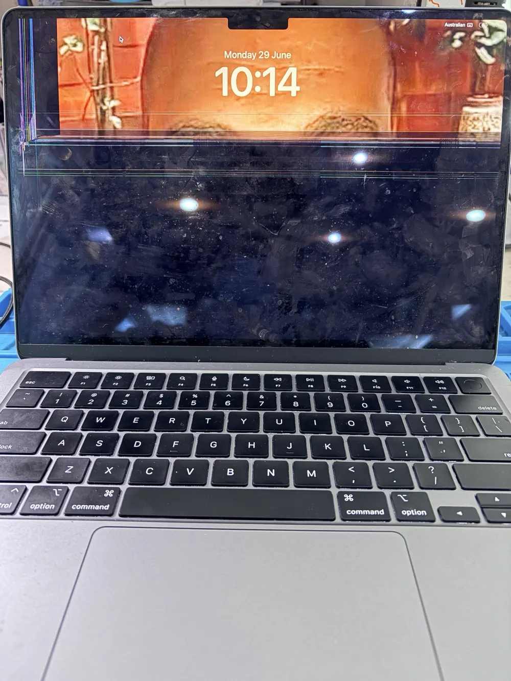 MacBook Air M3 screen showing display lines before screen replacement assessment