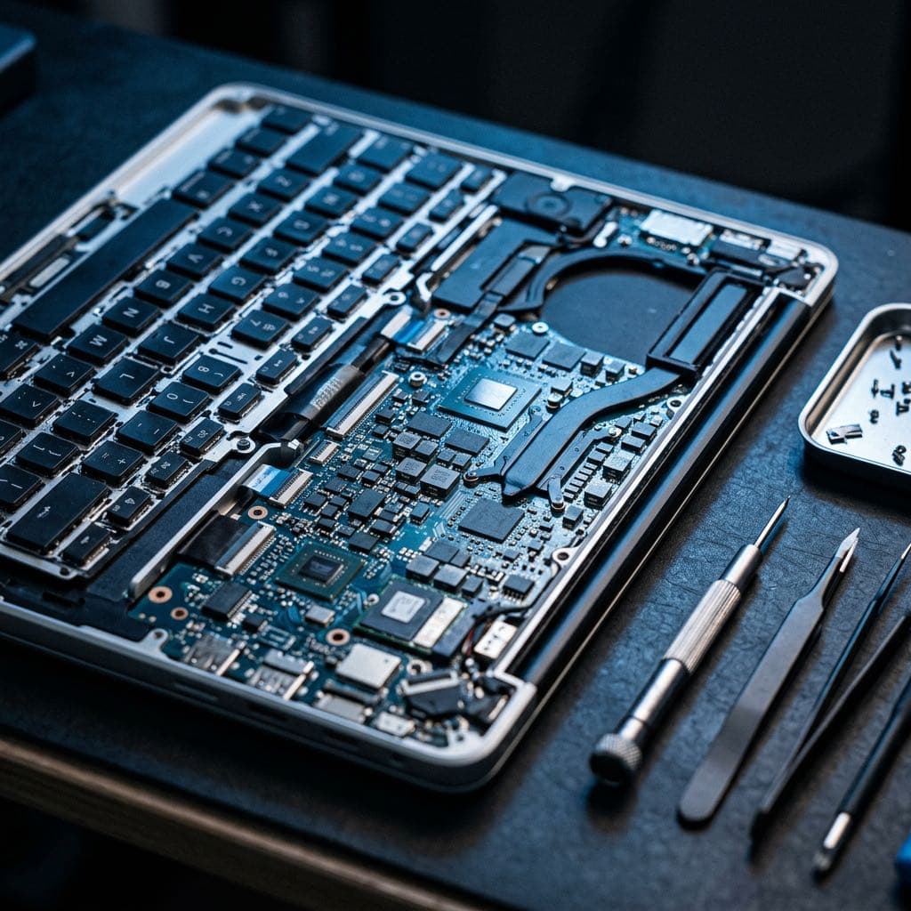 Open MacBook on a repair bench showing the keyboard, logic board, and service tools